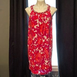 Donna Ricco red and orange braided metallic neckline drape front shift size 8